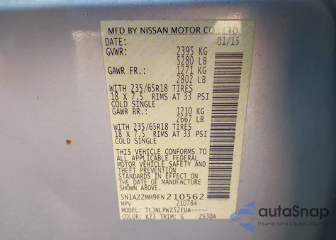 2015 Nissan Murano S z USA, uszkodzony, nr VIN 5N1AZ2MH9FN210562